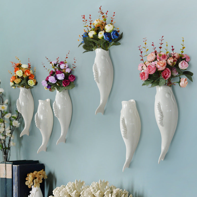 Modern 3D Ceramic Goldfish Wall Vase - Unique White Wall Decor for Home, Living Room, Bedroom