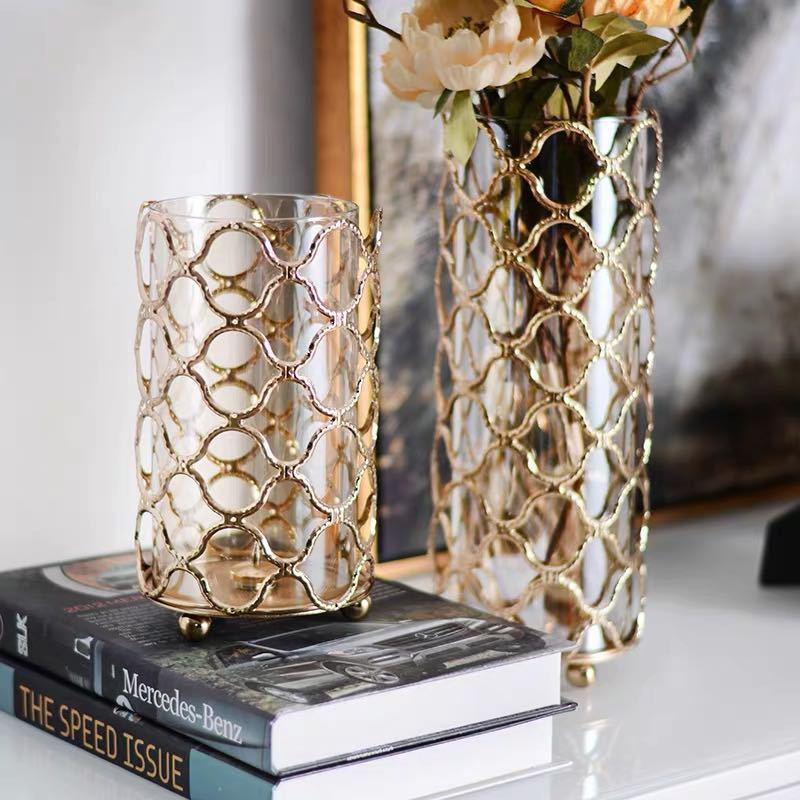 Golden Geometric Glass Vase - Hollow Metal Flower Holder, Modern Home Decor, Elegant Gift