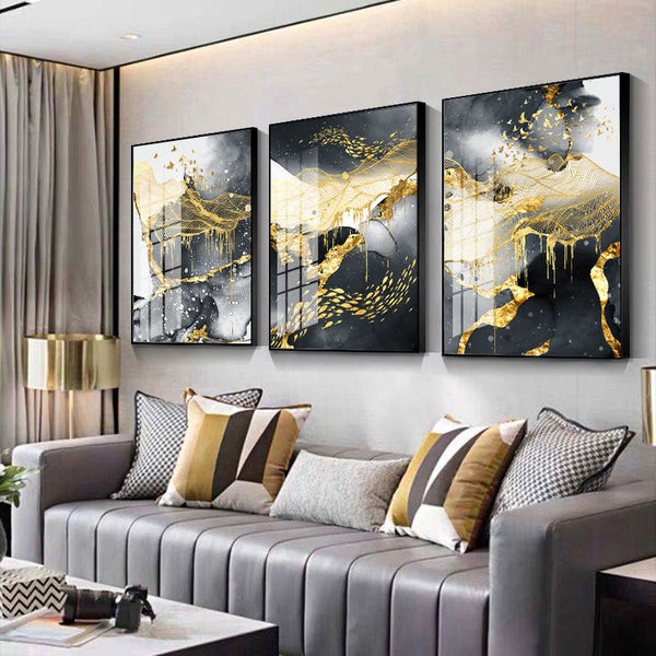 Golden Black White Canvas Art - Modern Abstract Wall Decor, Elegant Posters for Home