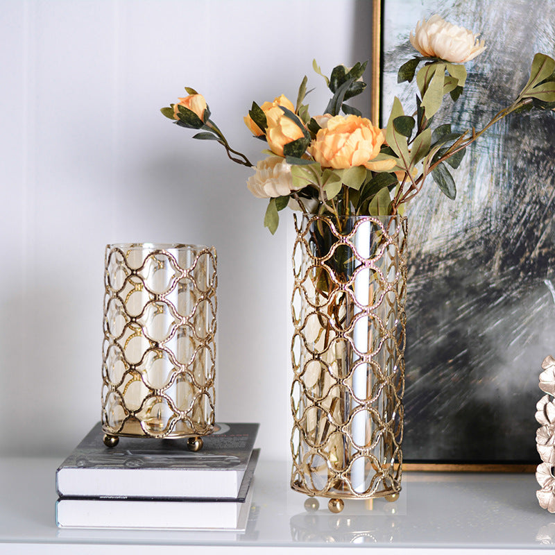 Golden Geometric Glass Vase - Hollow Metal Flower Holder, Modern Home Decor, Elegant Gift