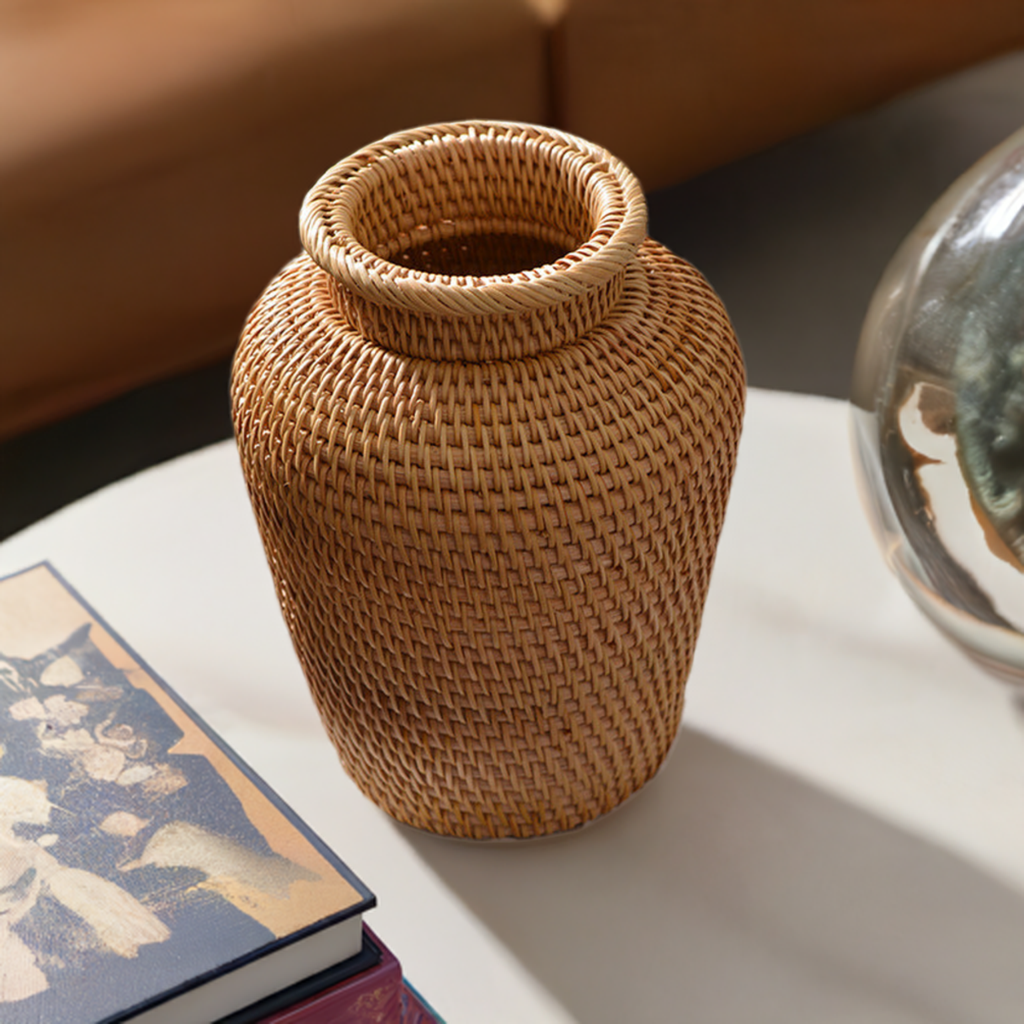 Woven Rattan Floral Vase - Decorative Tabletop Flower Basket